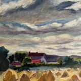 Oil on panel haystacks 20th century whitewashed frame
