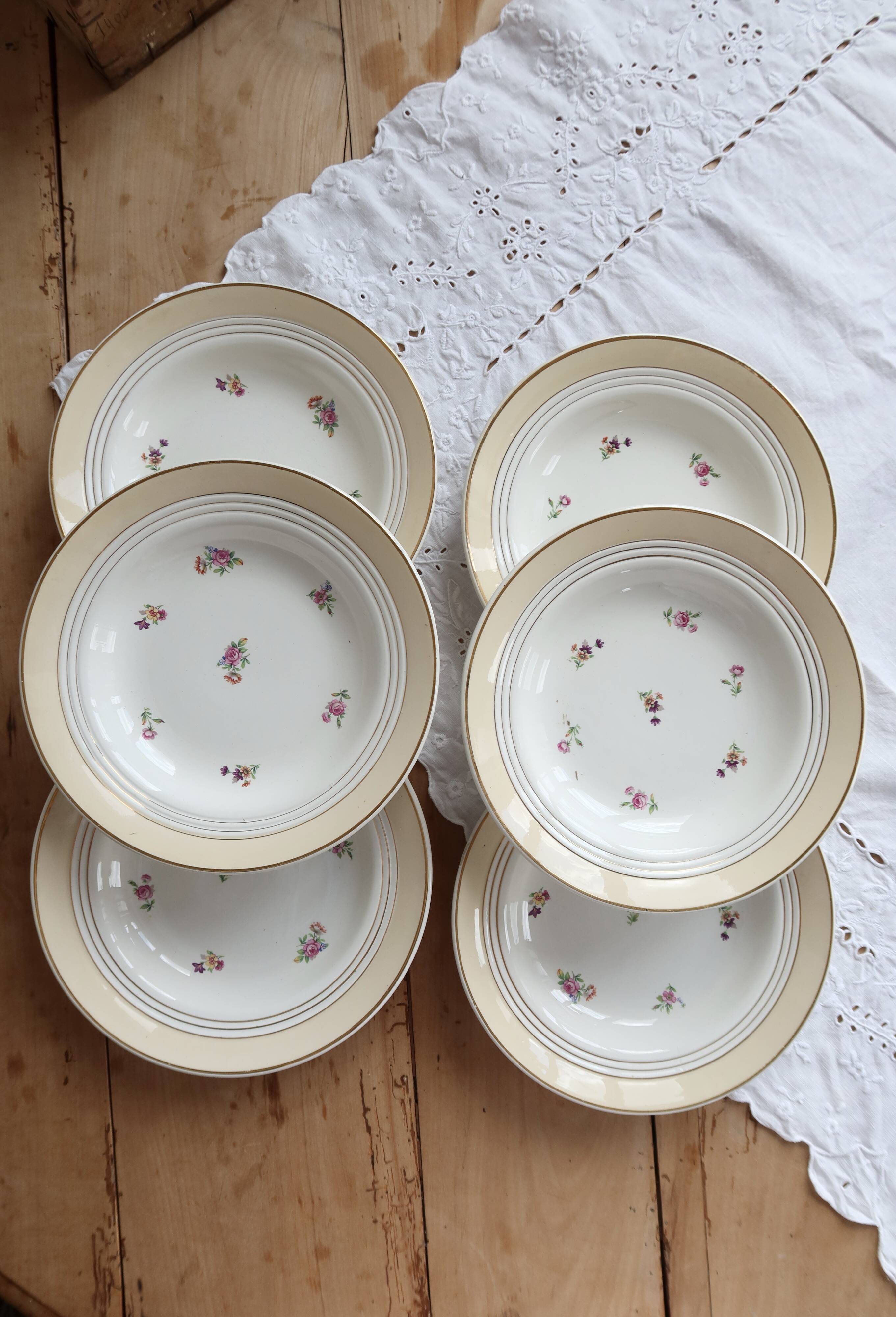 6 vintage Céranord "Cheverny" porcelain deep plates - Floral pattern