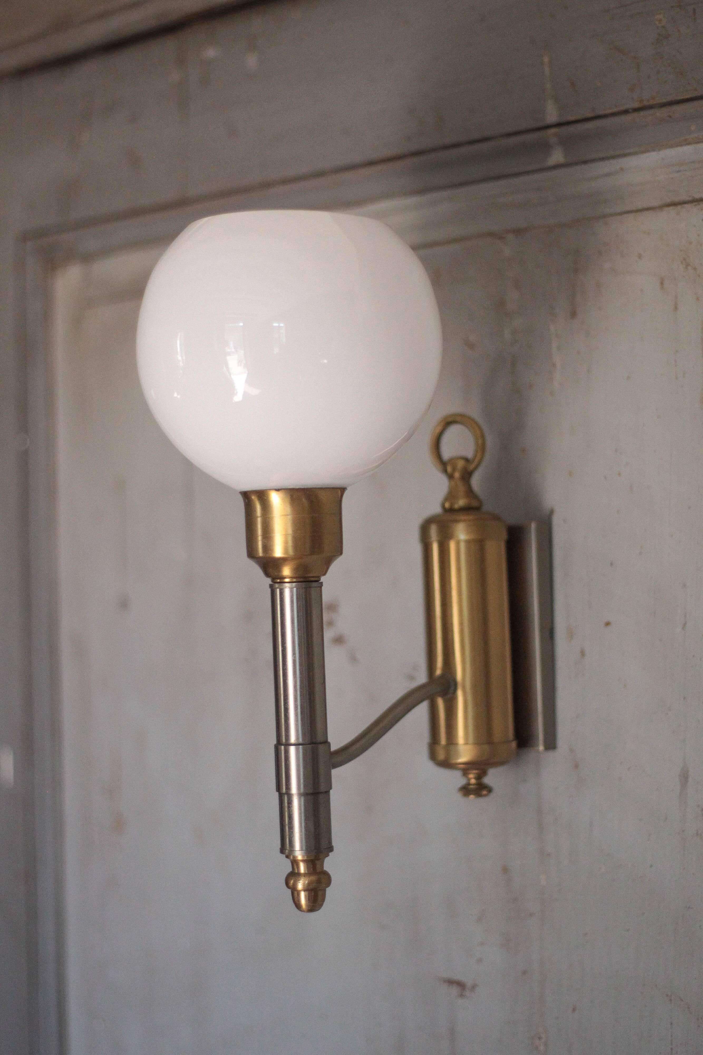 Pair of brass and white opaline wall lights, vintage wall light