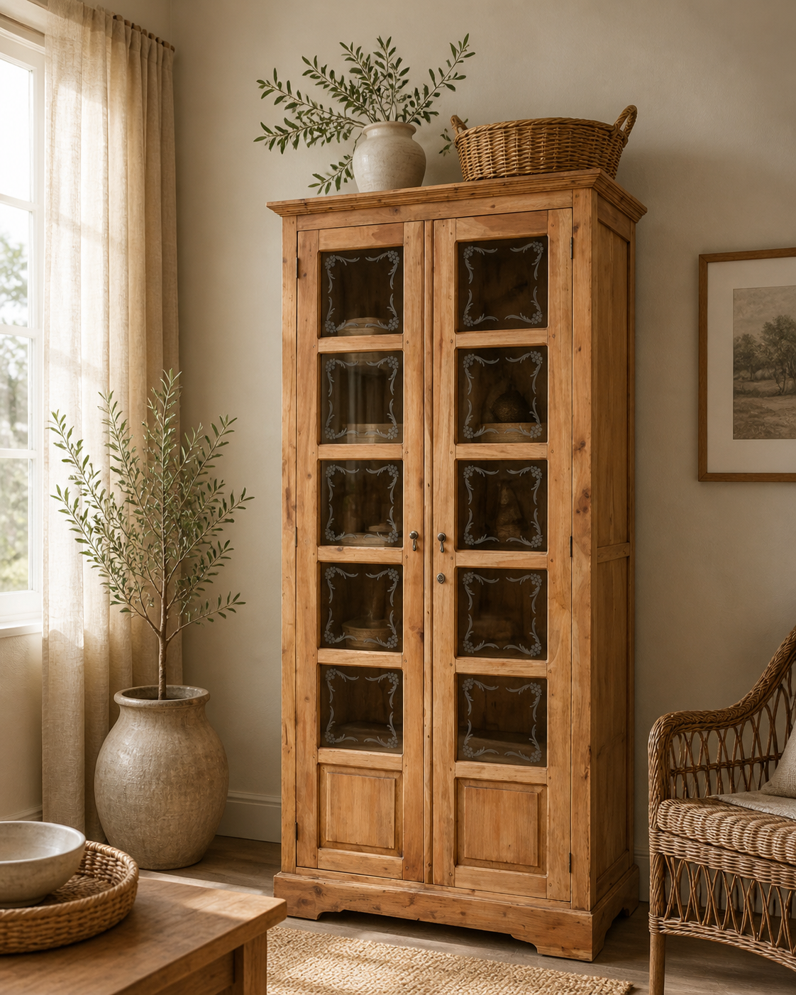 Parisian wardrobe in raw wood with engraved glass from 1920.