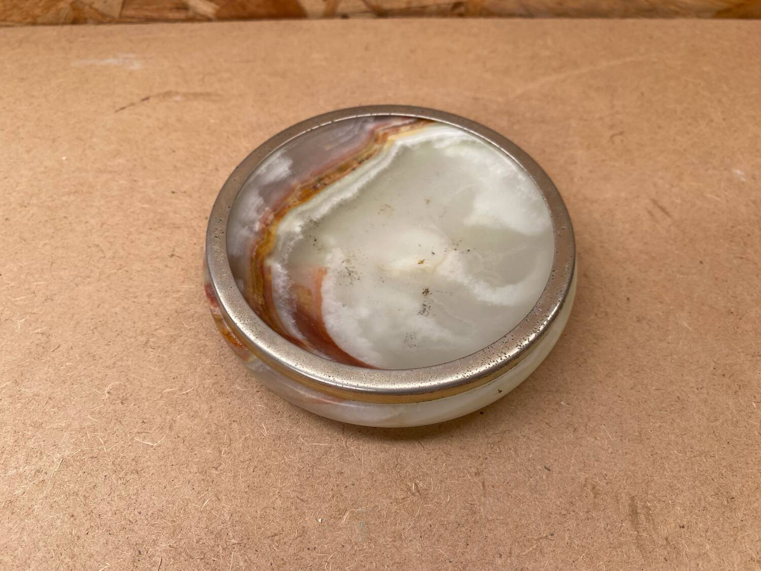 Antique Alabaster Ashtray + Brass Surround Vintage Smoker Accessories #B181