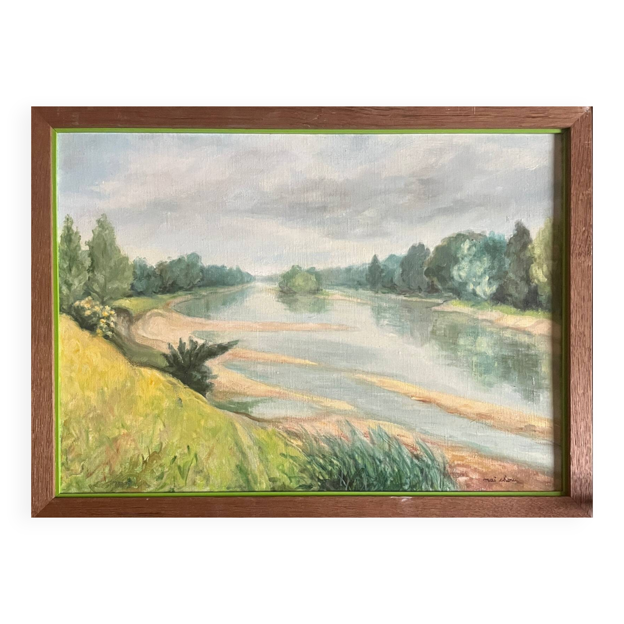 Oil painting on canvas, "Tree-lined Riverbank," signed, 20th century
