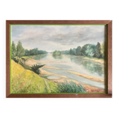 Oil painting on canvas, "Tree-lined Riverbank," signed, 20th century