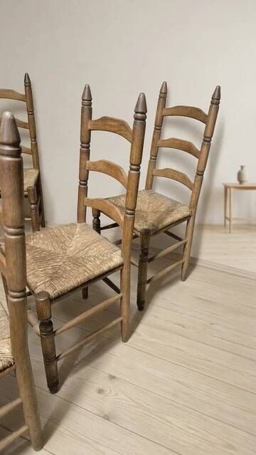 Set of 6 vintage wooden ladder-back dining chairs with woven seats