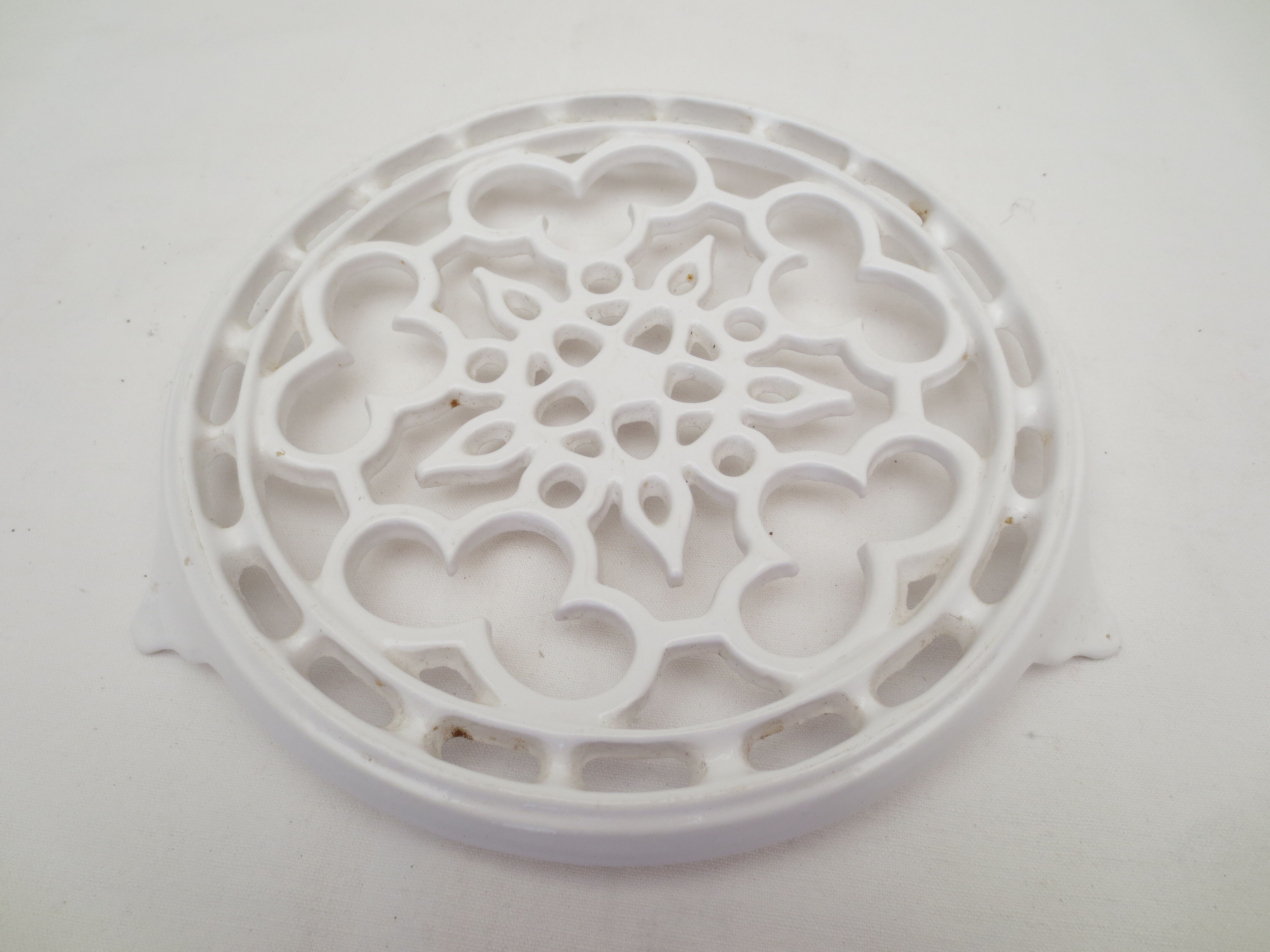 Old trifle, white enamelled cast iron, geometric decoration