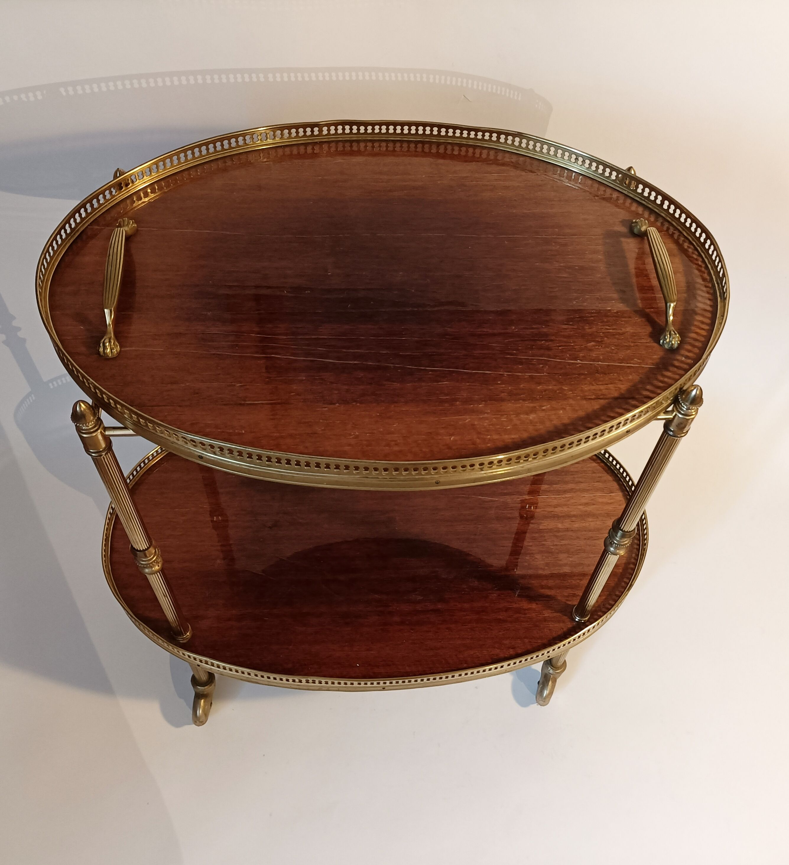Rolling table dessert in golden brass and solid mahogany 1950/60
