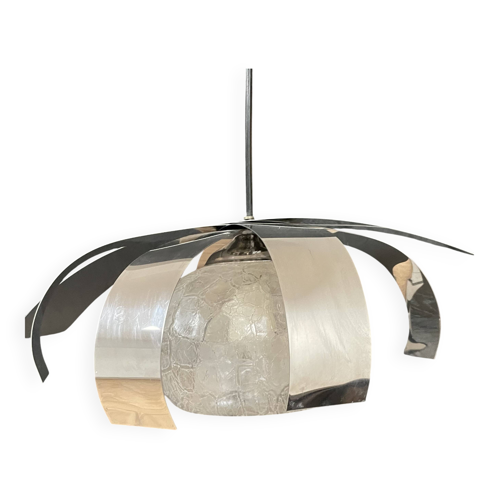 Chrome metal/glass chandelier pendant light from the 70s