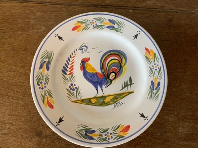 Two collection plates hand-painted rooster pattern signed fab Quimper and wolf mill hamage