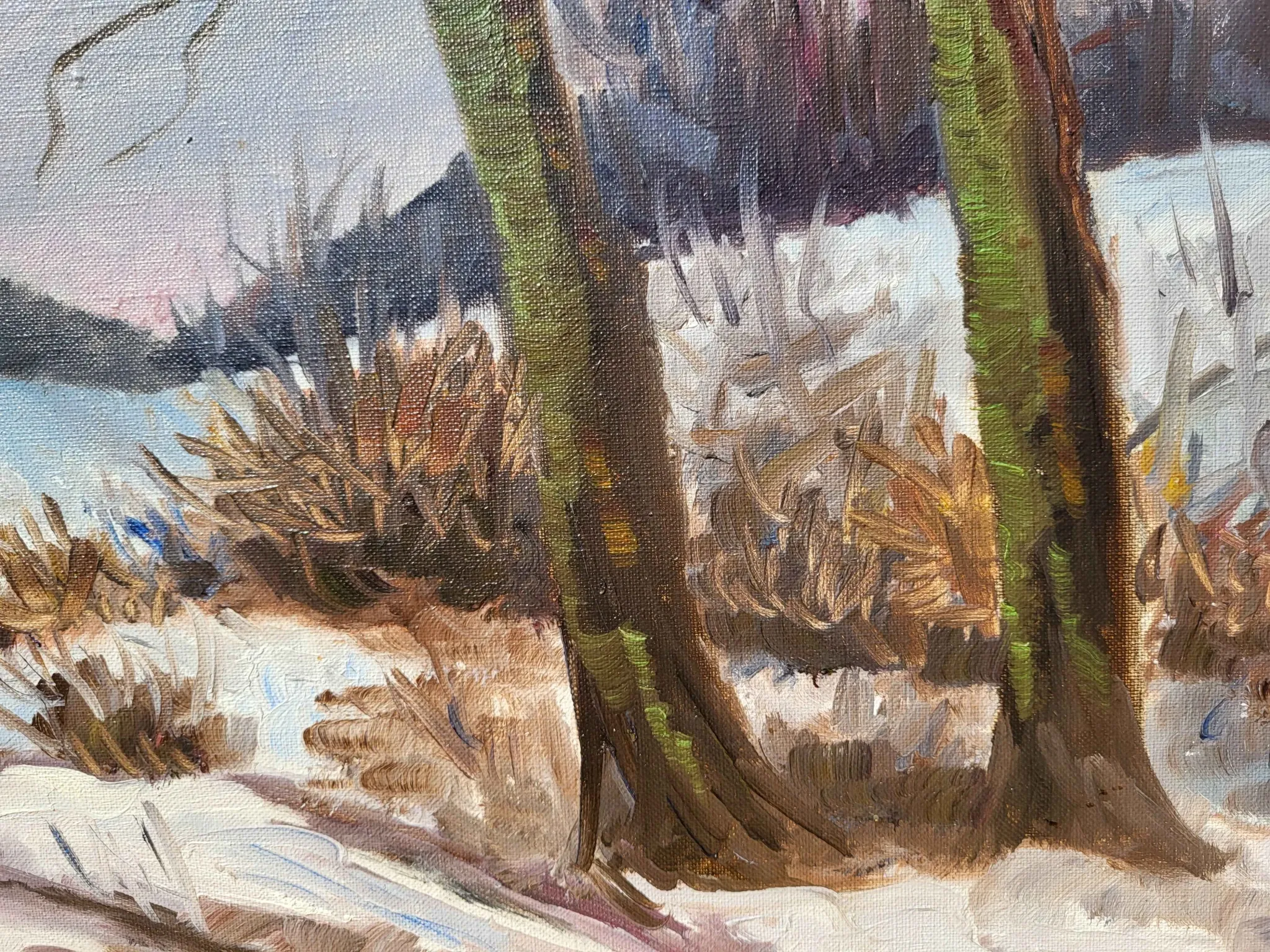 Vintage Winter Landscape with Birch Trees Oil Painting