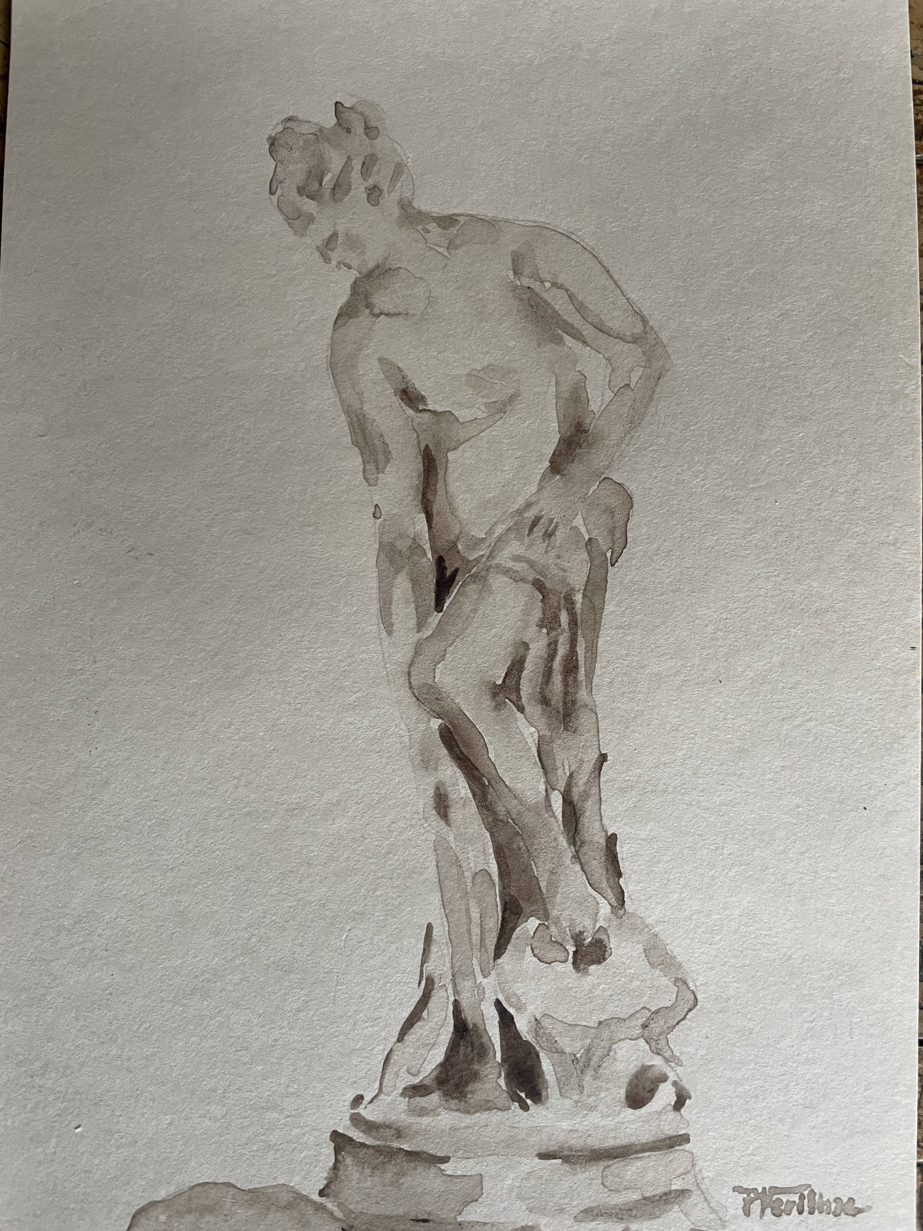 Tableau signé aquarelle monochrome étude dessin statue musée classique « sortie du bain »