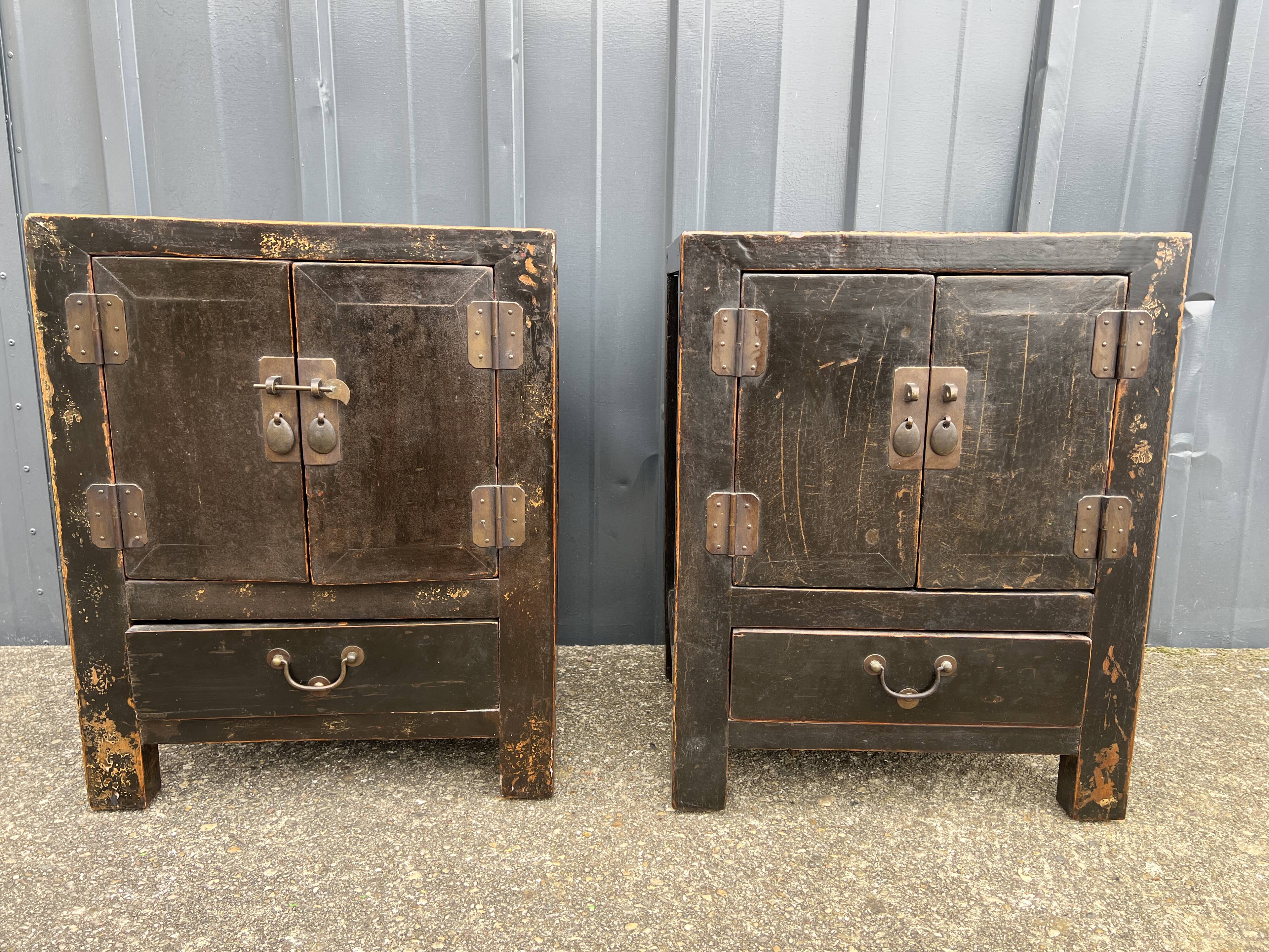 Pair of small occasional or sofa end pieces, lacquered in Asian black
