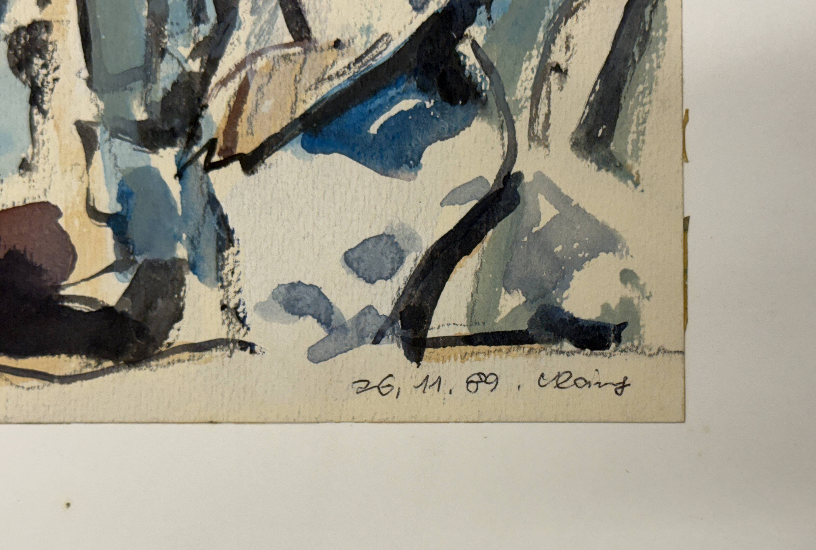Helmut Dittmann, Abstract Composition in Blue and Grey, Paint on Paper 1989