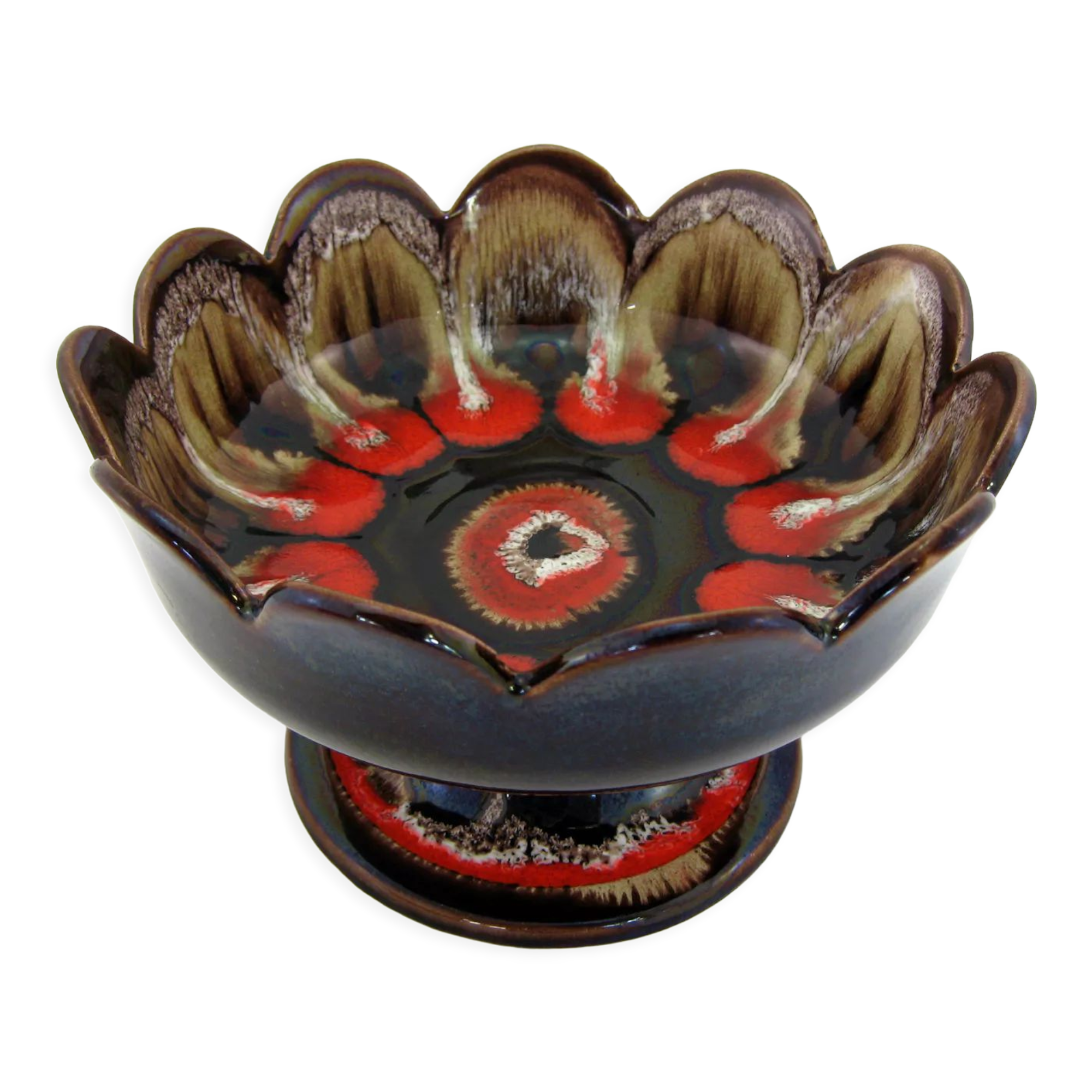 Brown and red ceramic fruit bowl Vallauris France, vintage 70s