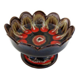 Brown and red ceramic fruit bowl Vallauris France, vintage 70s