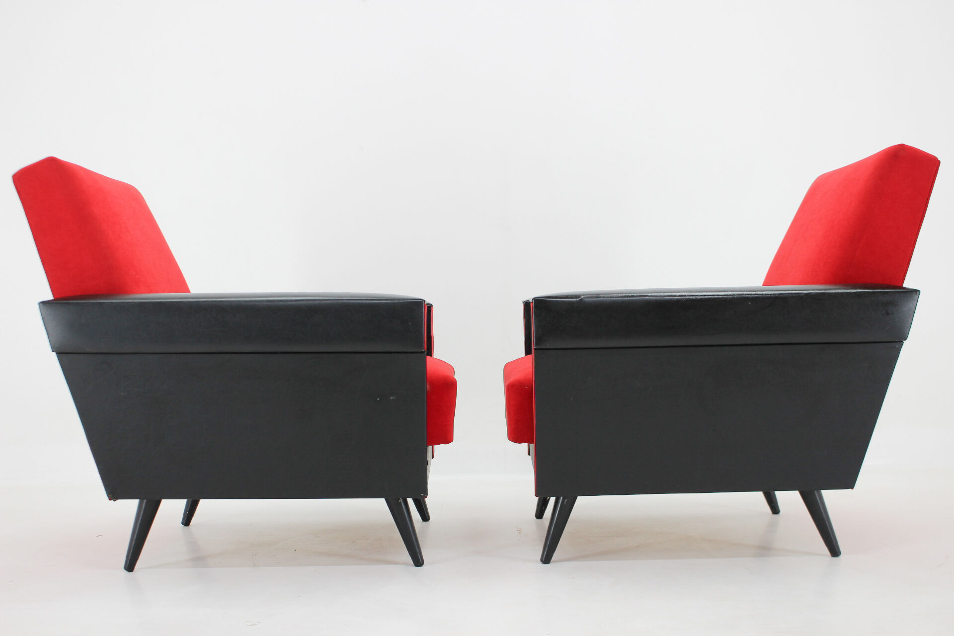 1970's pair of leatherette and red fabric armchairs, Czechoslovakia