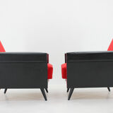 Paire de fauteuils en similicuir et en tissu rouge des années 1970, Tchécoslovaquie