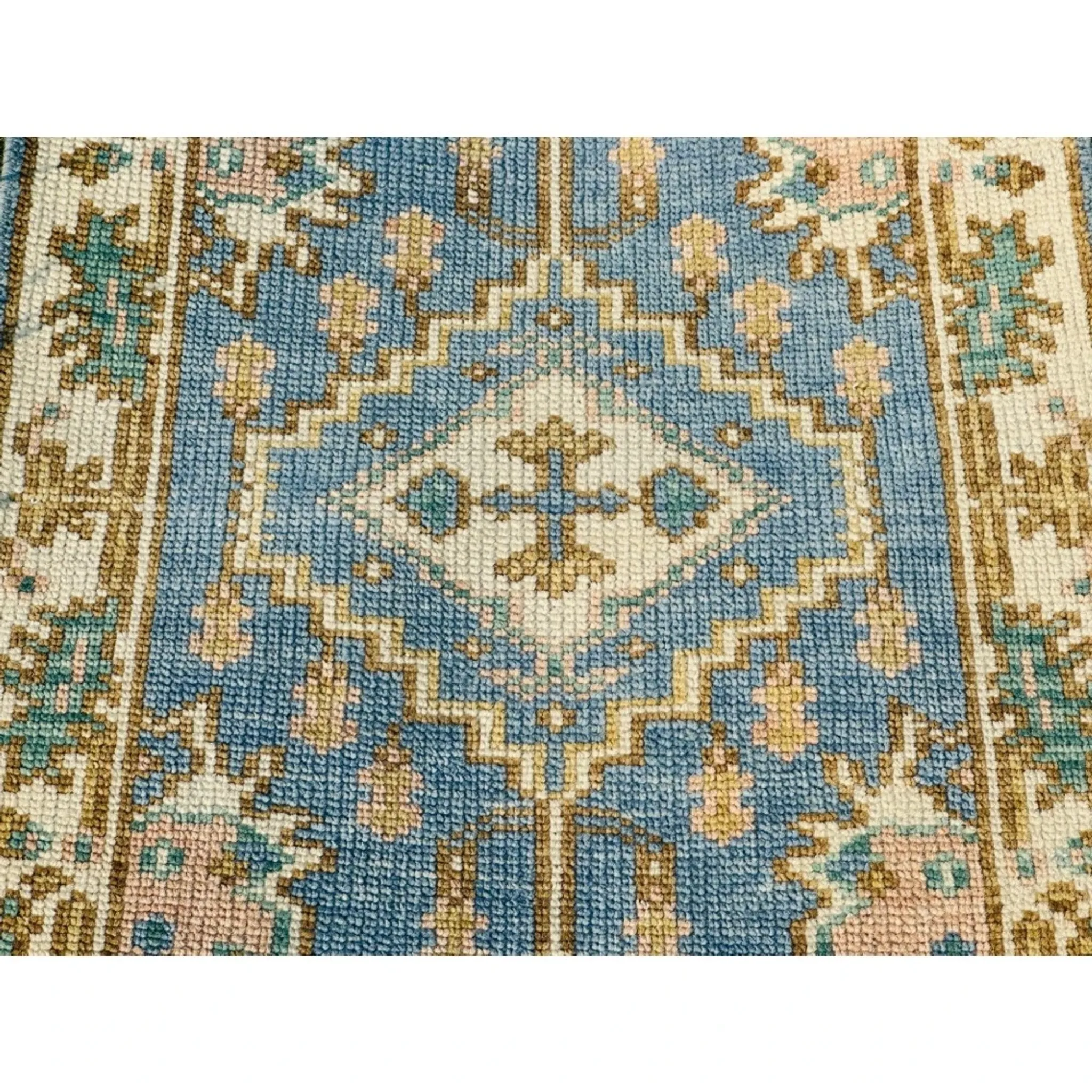 Hand-Knotted Oushak Wool Area Rug, Blue Medallion Design Accent Rug for Entryway