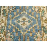 Hand-Knotted Oushak Wool Area Rug, Blue Medallion Design Accent Rug for Entryway