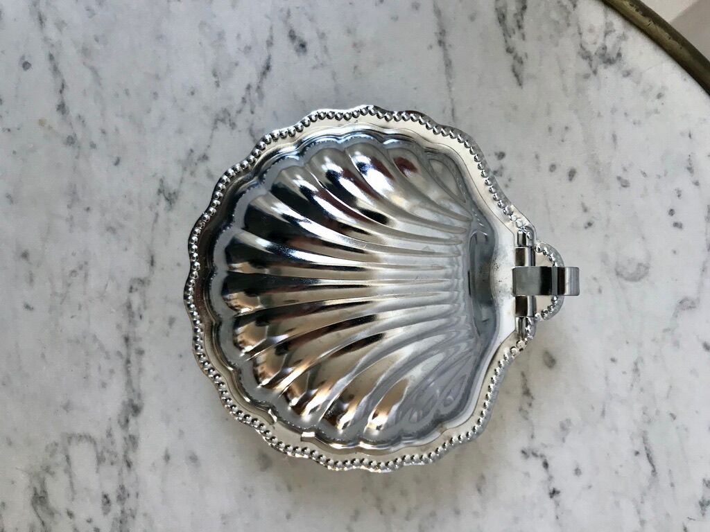 Empty butter tray pocket shell metal and blue glass 60s-70s