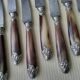 Box of 12 antique cheese or dessert knives. Steel and bovine horn.