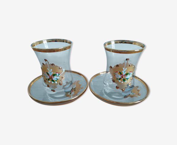 Verres à thé + soucoupes turc vintage fleuri doré