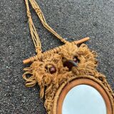 Vintage 1970s owl mirror macrame towel holder