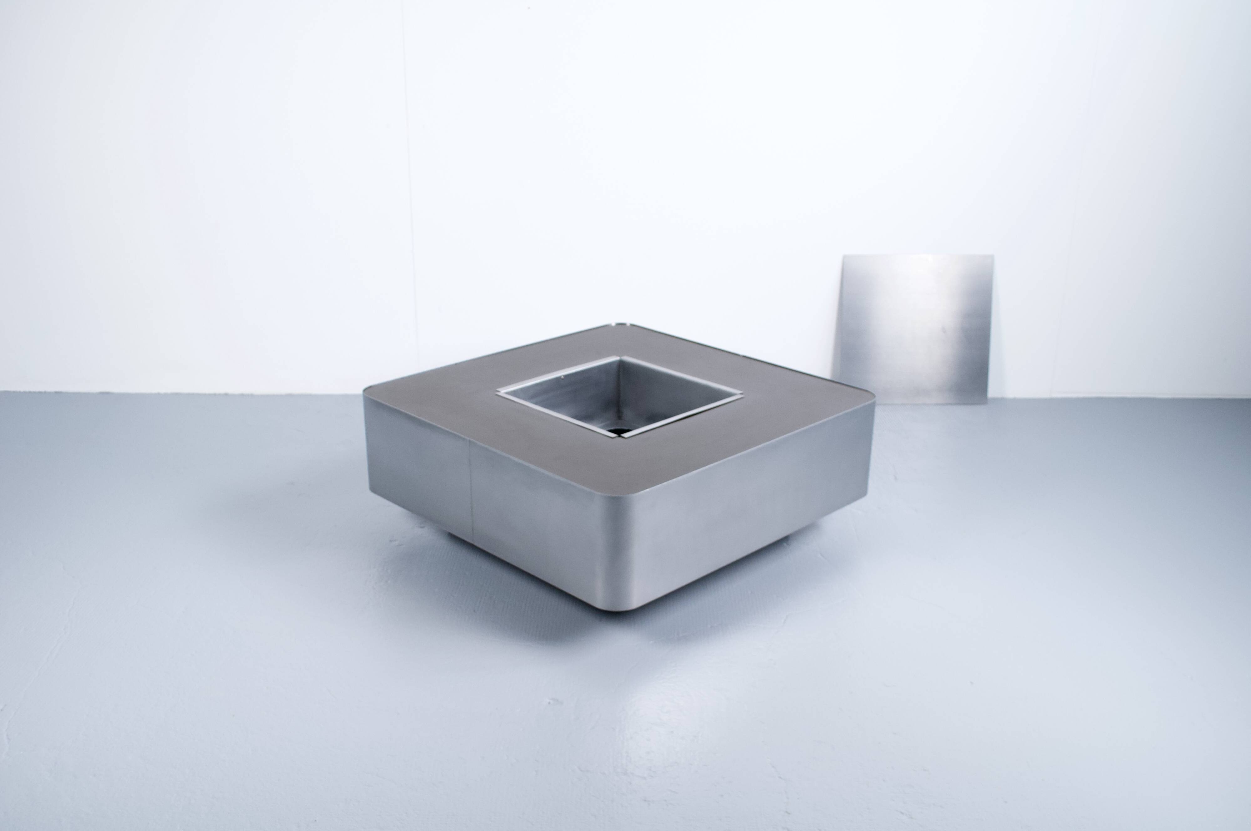 1970s COFFEE TABLE BAR BRUSHED STEEL AND BROWN MELAMINE