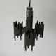 Three-armed suspended lamp in wrought iron, brutalist design, 1960s, Italy.