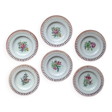Kg luneville " réverbère " 6 assiettes ajourées faience ancienne fleurs ø14,5 cm