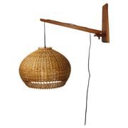 Adjustable mid-century wooden wall lamp with rattan shade, 1970s