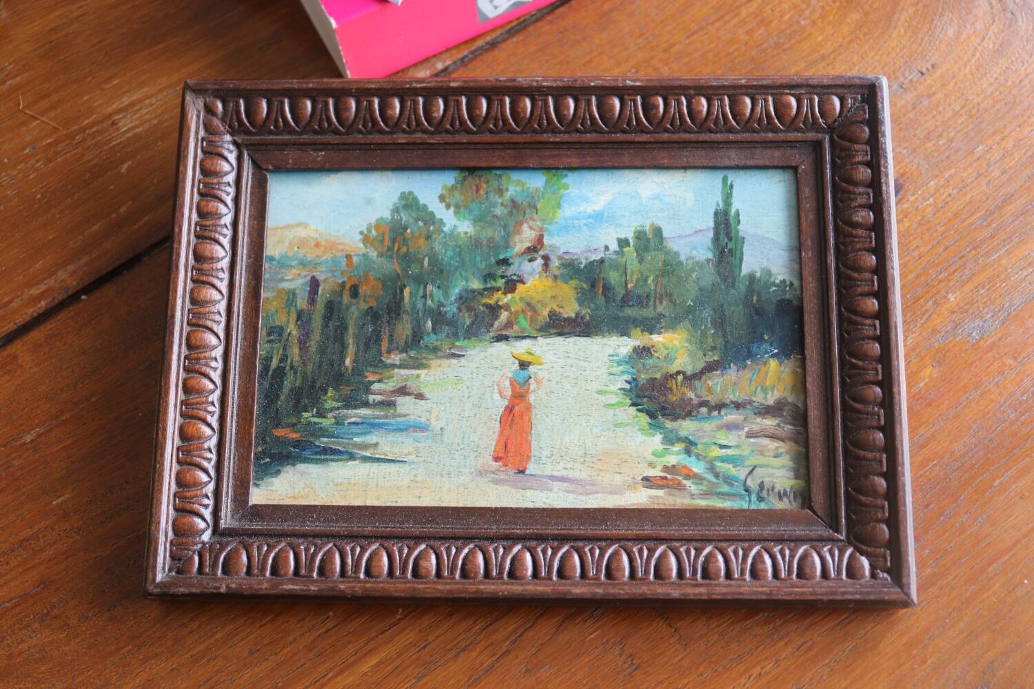 Small oil on panel landscape and old woman