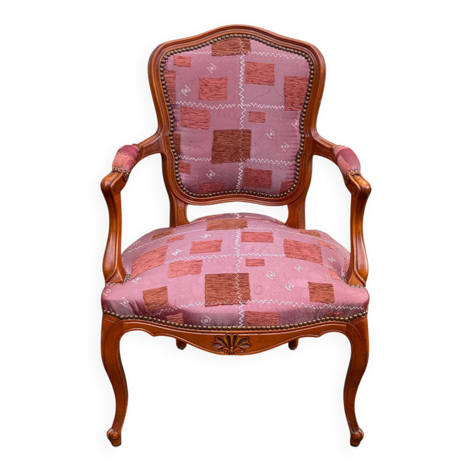 Bergère cabriolet armchair Louis XV in embroidered burgundy silk fabric.