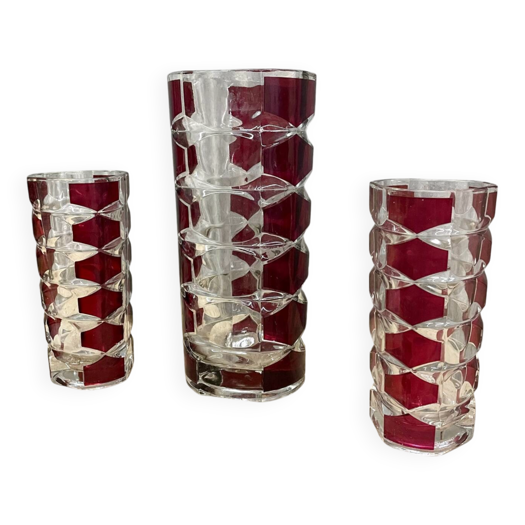 3 vases in clear and ruby red crystal – J.G. Durand, Luminarc