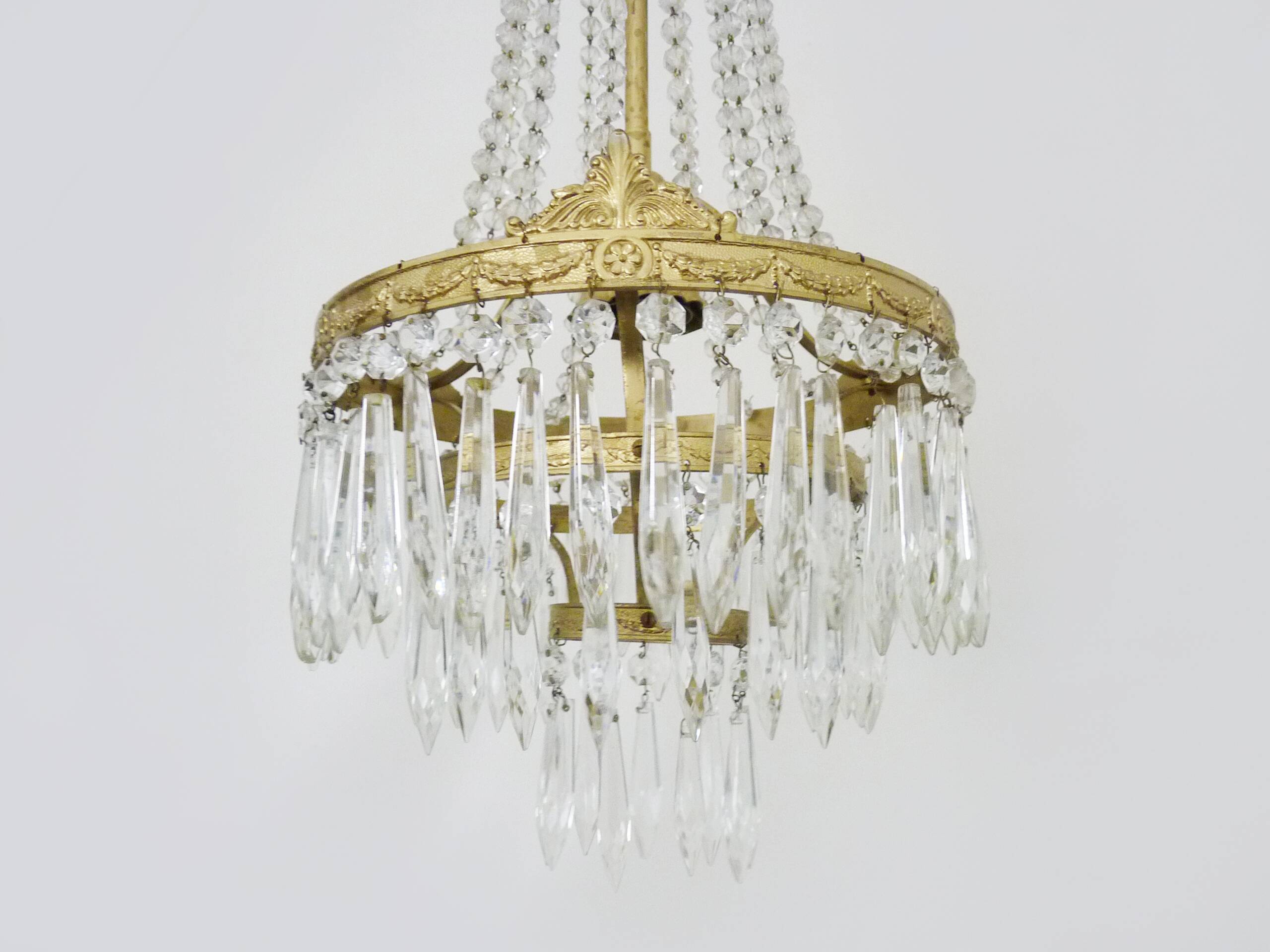 Vintage three-tiered balloon chandelier, glass pendants. 1970s.