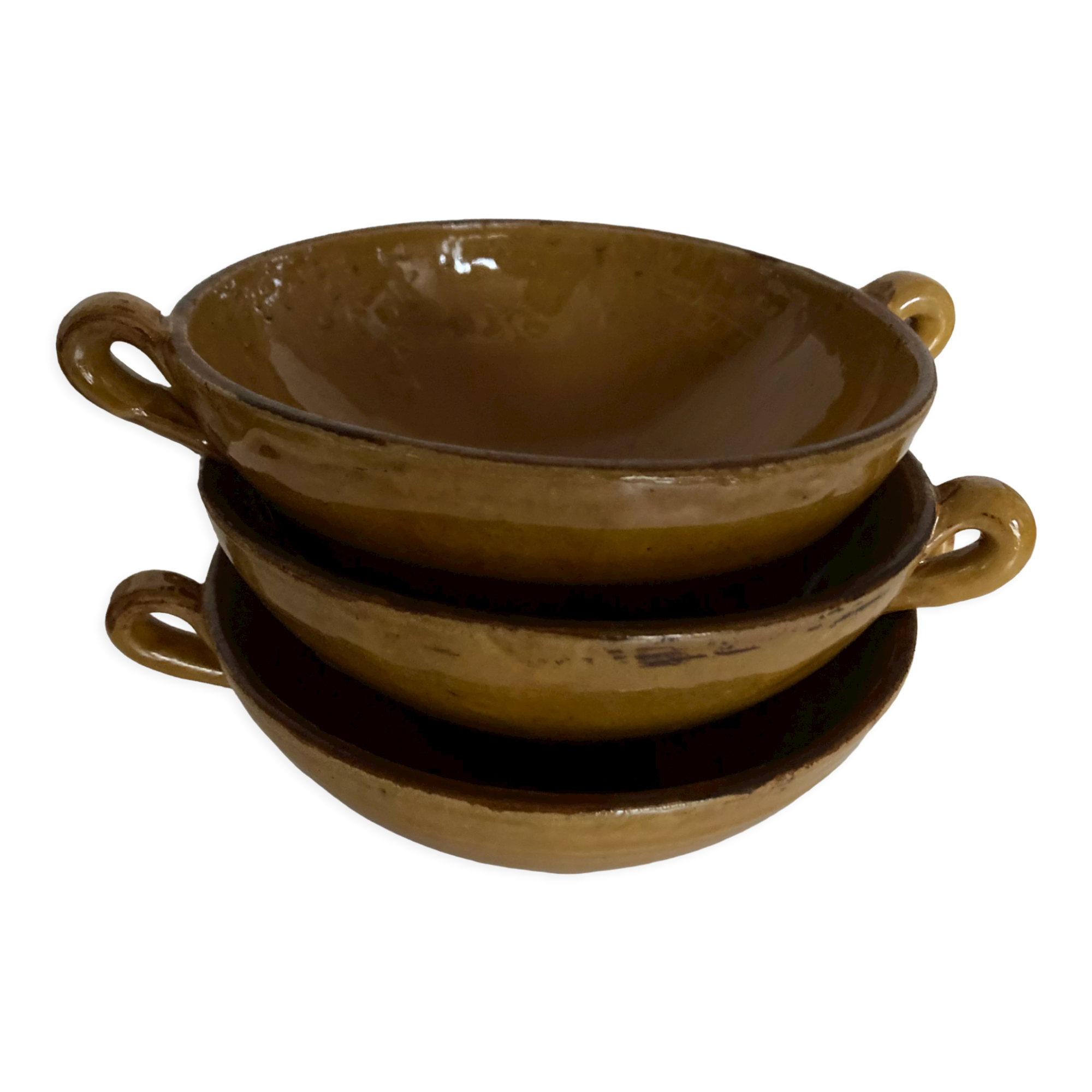 Produit BHV 3 bols jaunes à anses en terre vernissée de Biot 1950