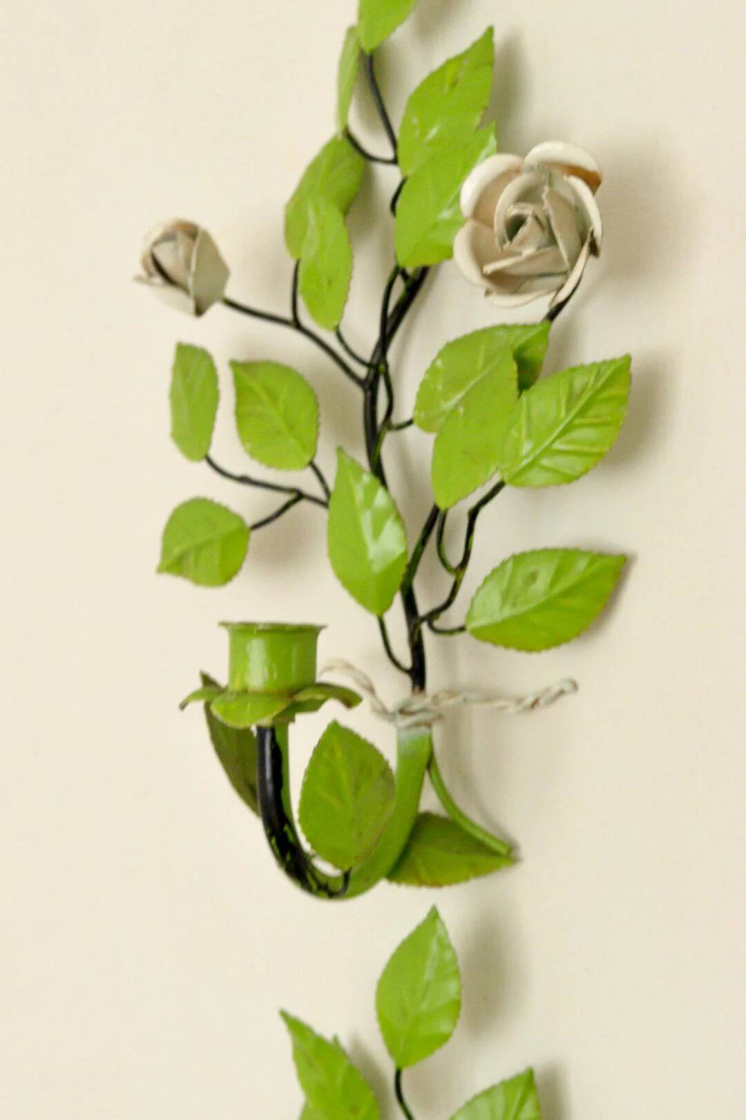 Pair of vintage green metal wall sconces – leaf-shaped