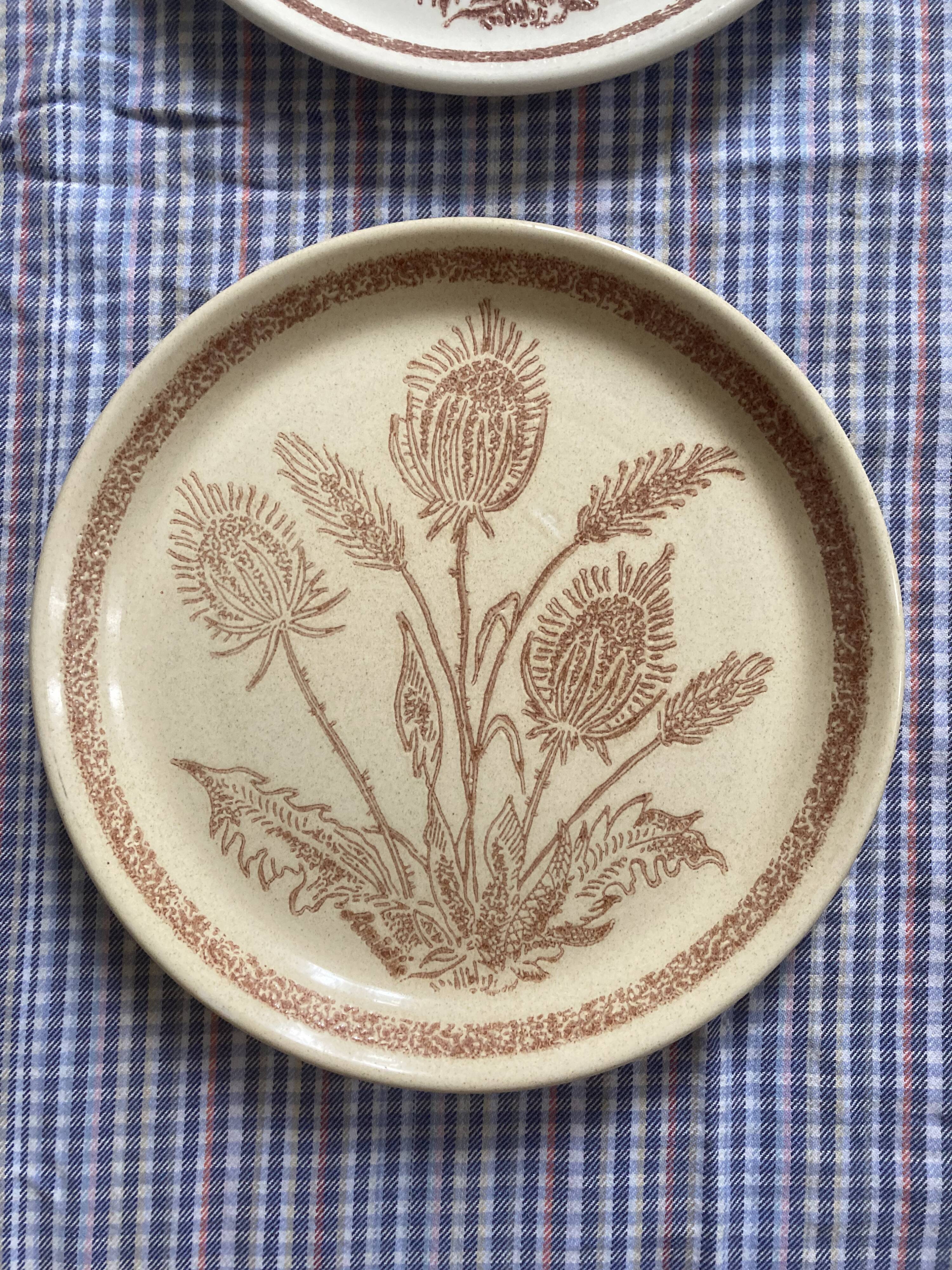 Flat stoneware plates decorated with vintage country flower 1960