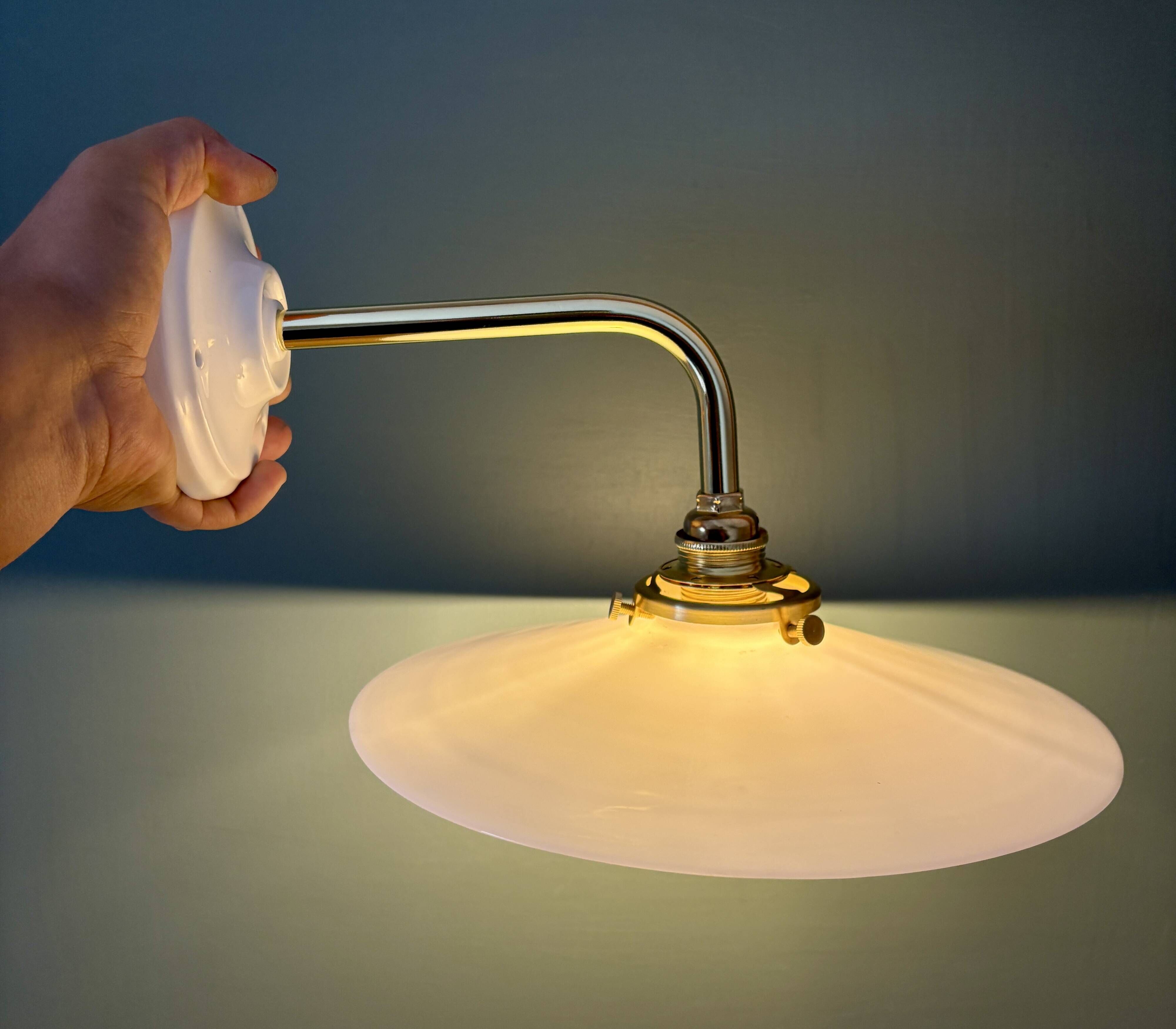 Vintage white opaline wall lamp with elbow arm