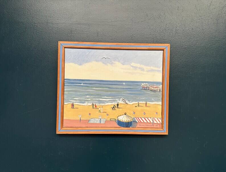 Original Swedish Oil on Canvas – "Day at the Beach" by Mona Starfelt – Signed – Dated 1989 – Framed
