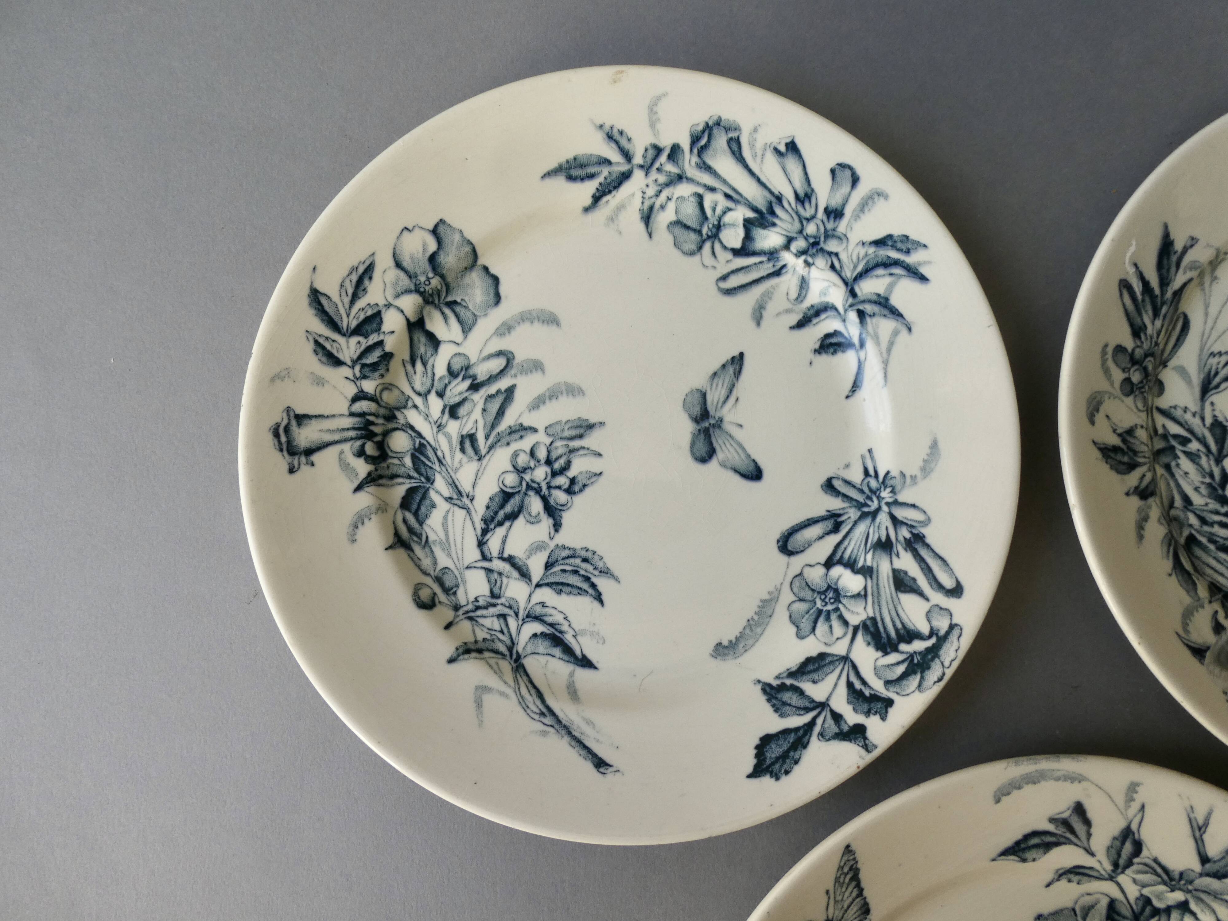 3 ironstone plates Badonviller France, flowers, butterflies