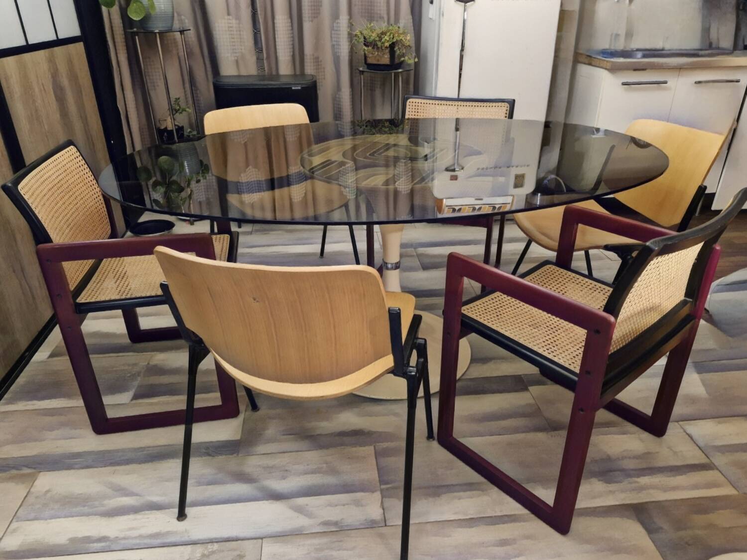 Pascal Mourgue rare set of 3 caned sleigh armchairs in lacquered wood for vintage 80s triconfort