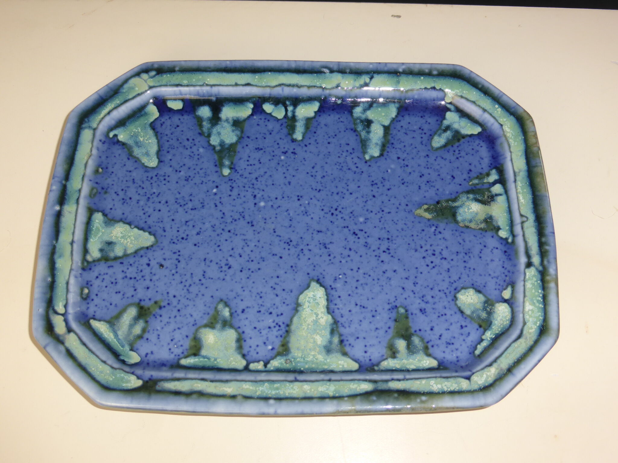 Octagonal top signed Denbac ceramic blue green