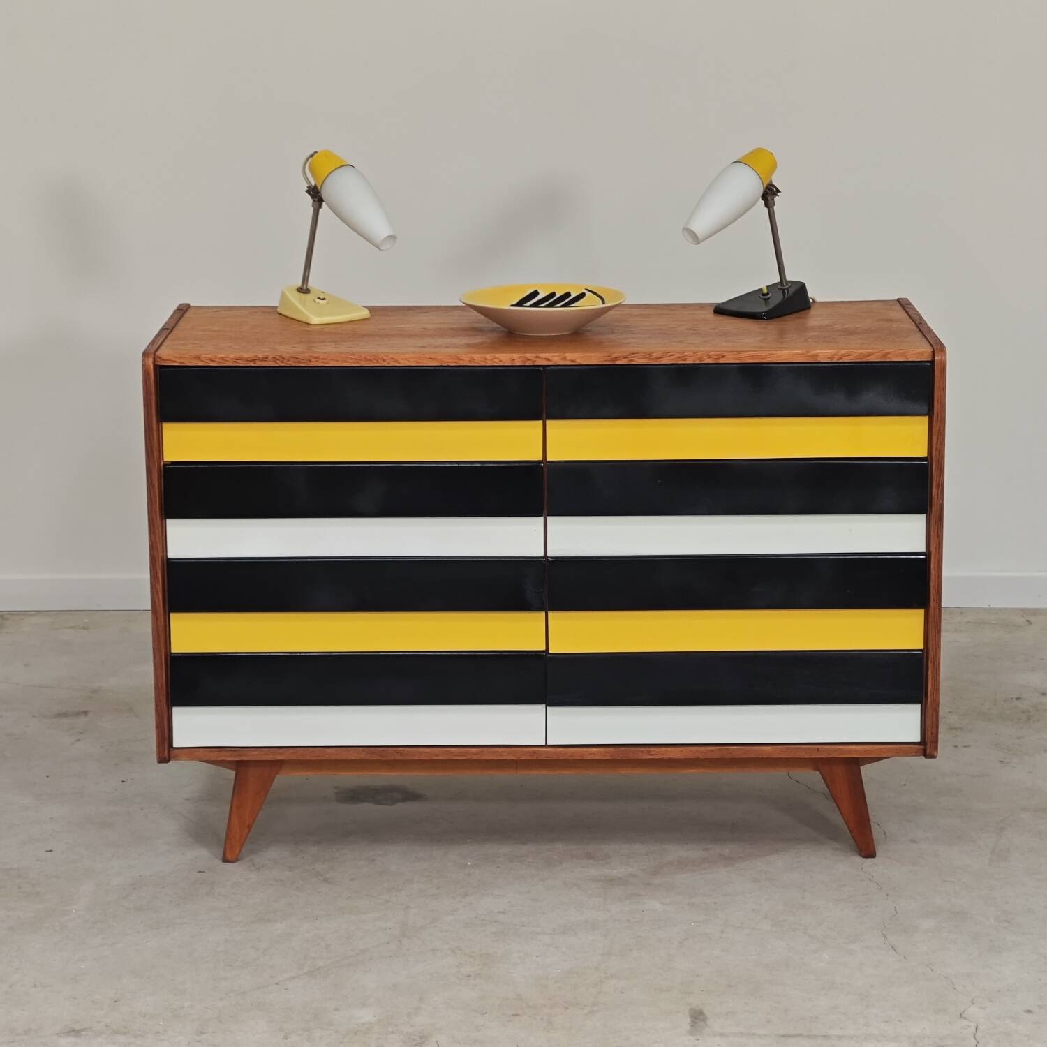 U453 yellow 8-drawer wooden sideboard by Jiri Jiroutek for Interier Praha 1960