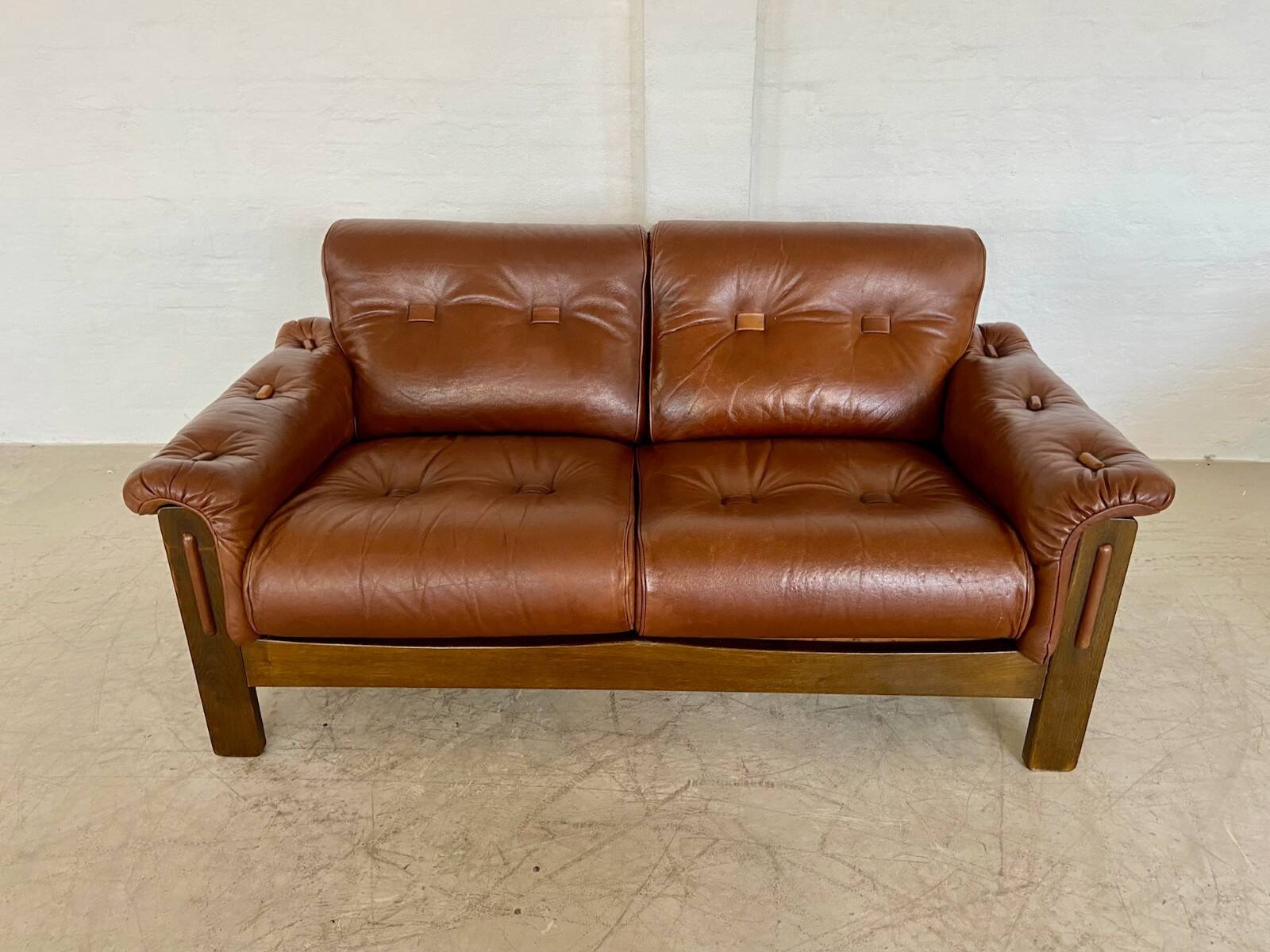 Vintage Danish mid-century cognac brown leather 2-seater Stouby 1970s