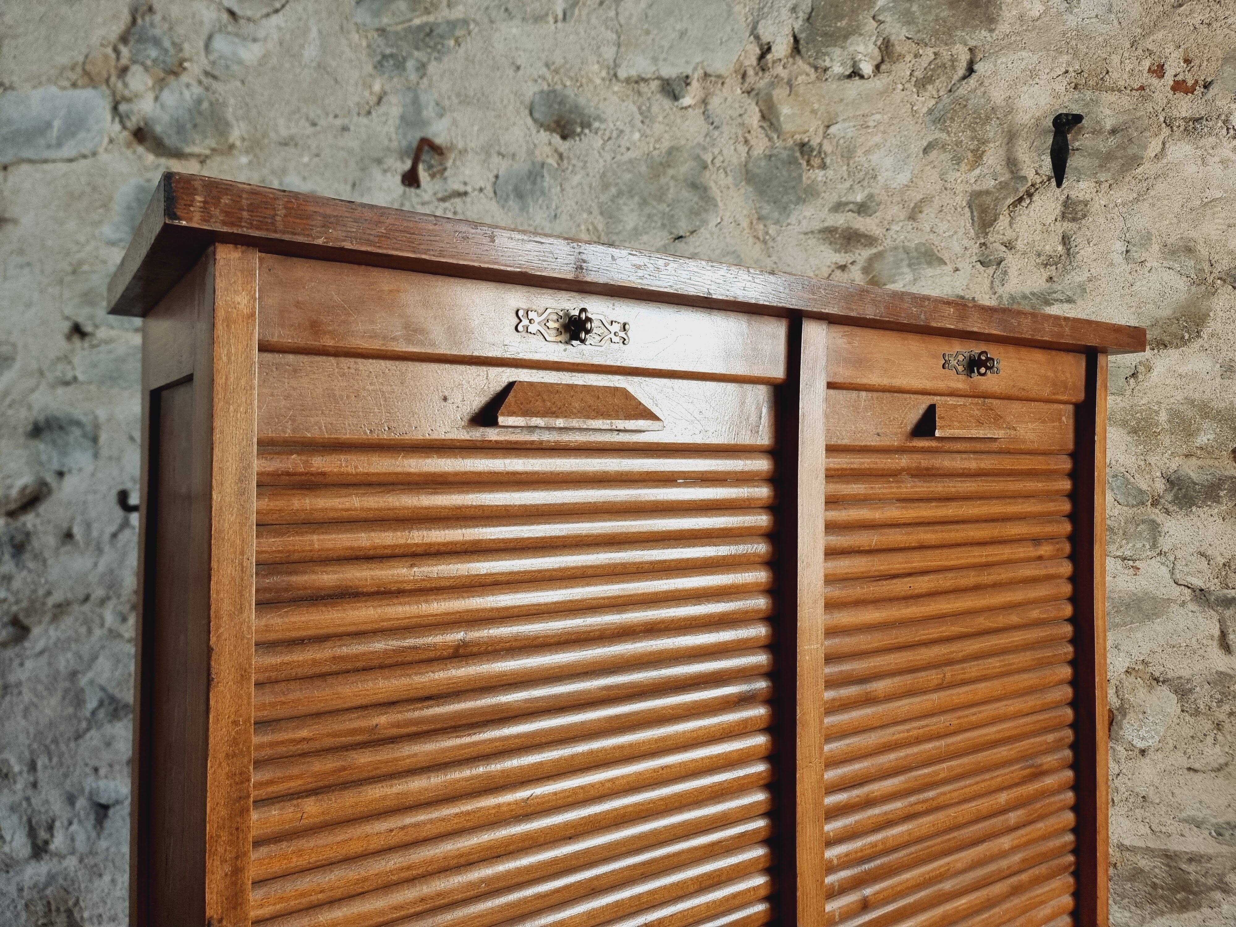 Antique filing cabinet with curtains – 1920s/30s – Beech