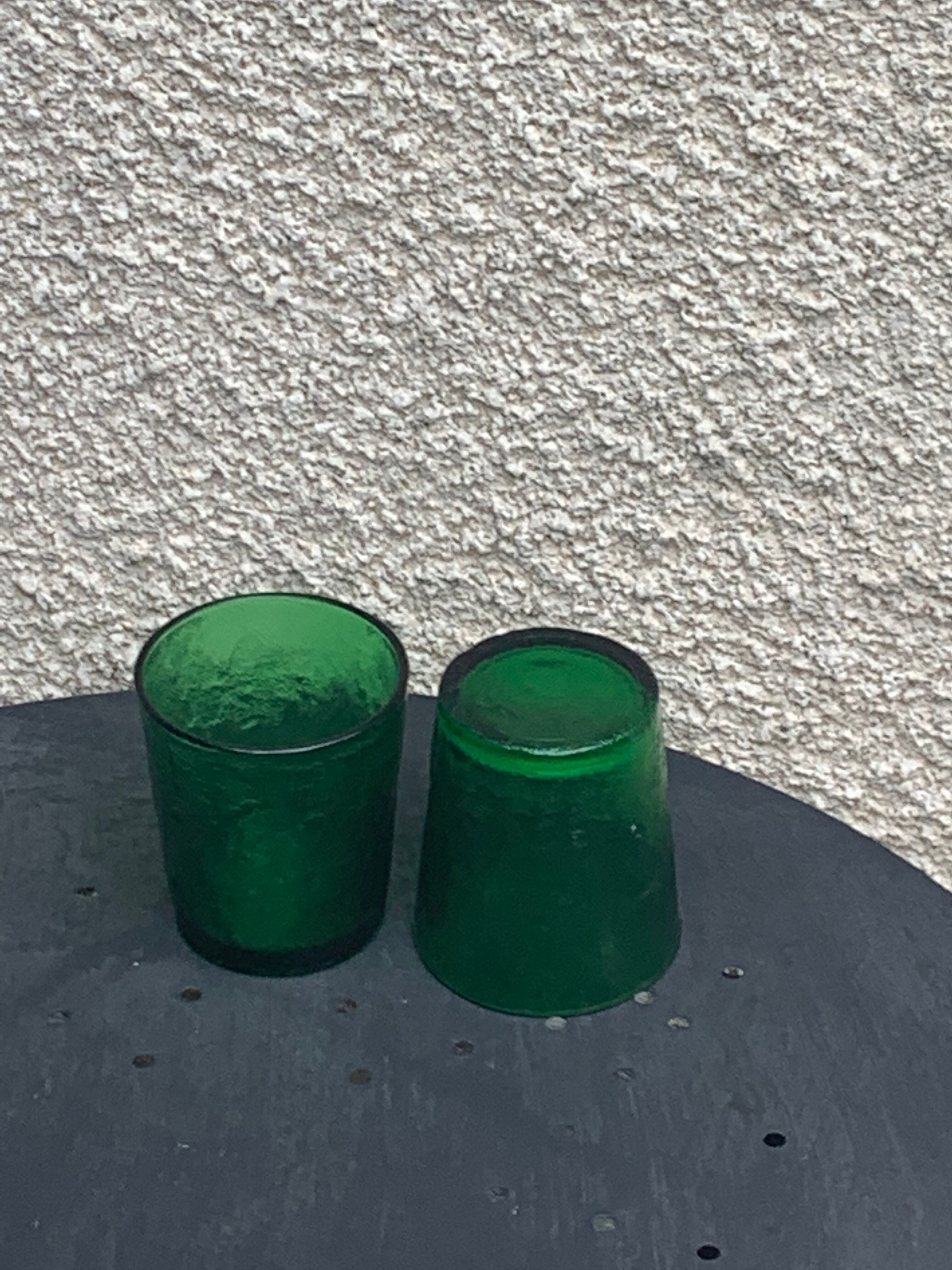 Carafe and 3 green glass glasses with vintage embossed fruit pattern