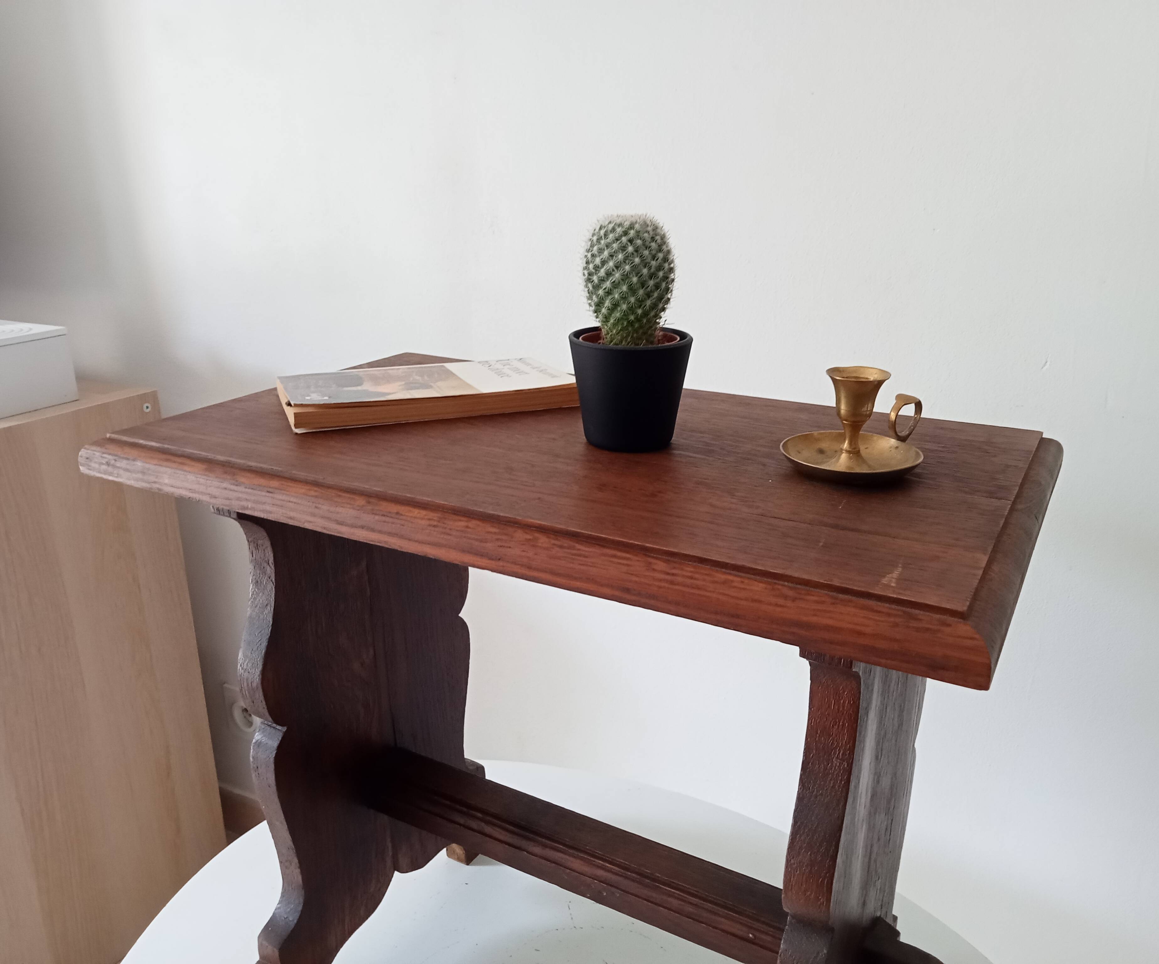 Vintage side table in solid oak, brutalist/rustic.