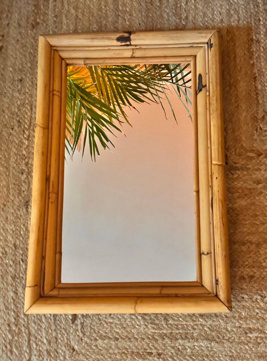 Vintage Spanish mirror in natural bamboo, 1950.
