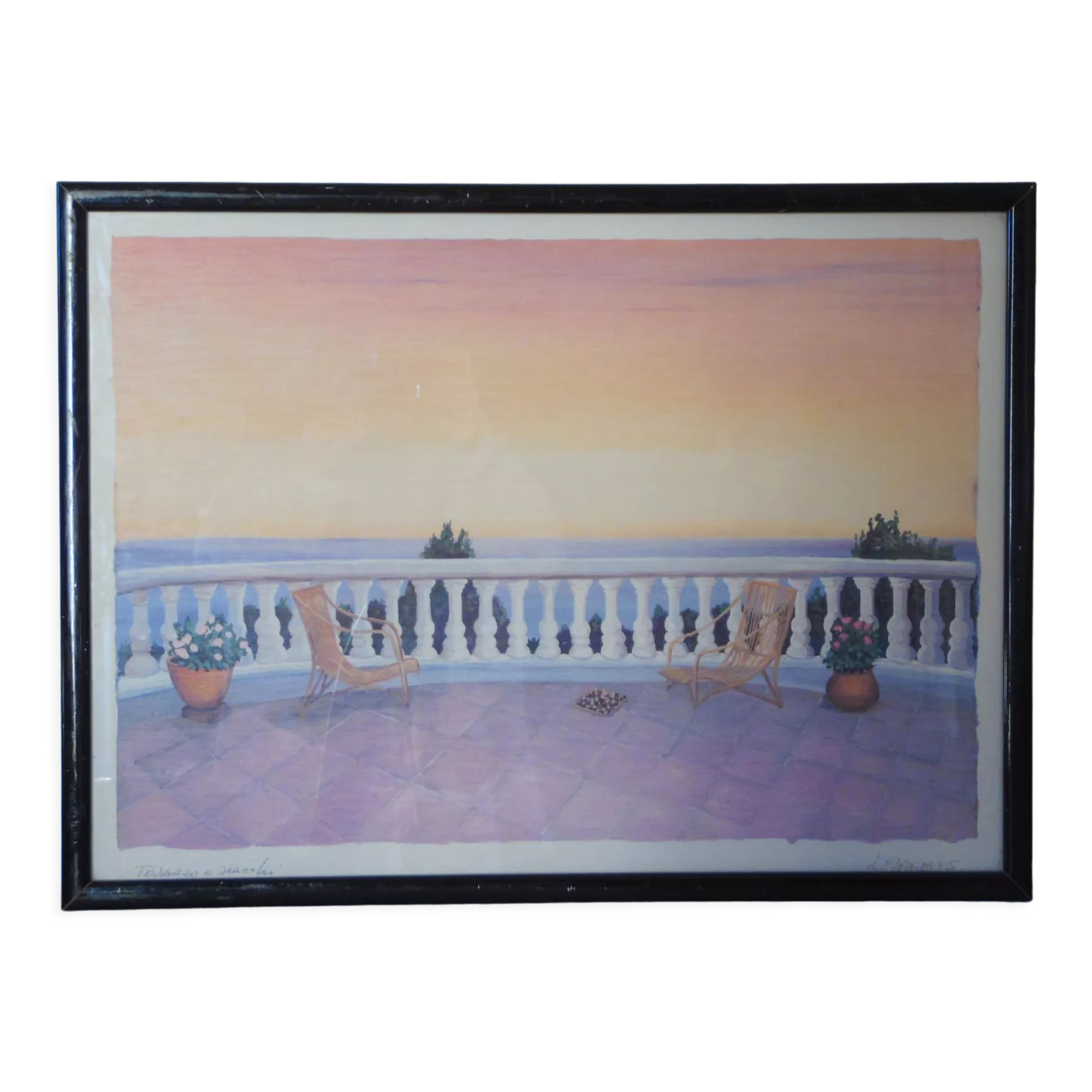 Pastel painting terrace by the sea