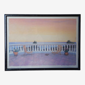 Tableau pastel terrasse en bord de mer